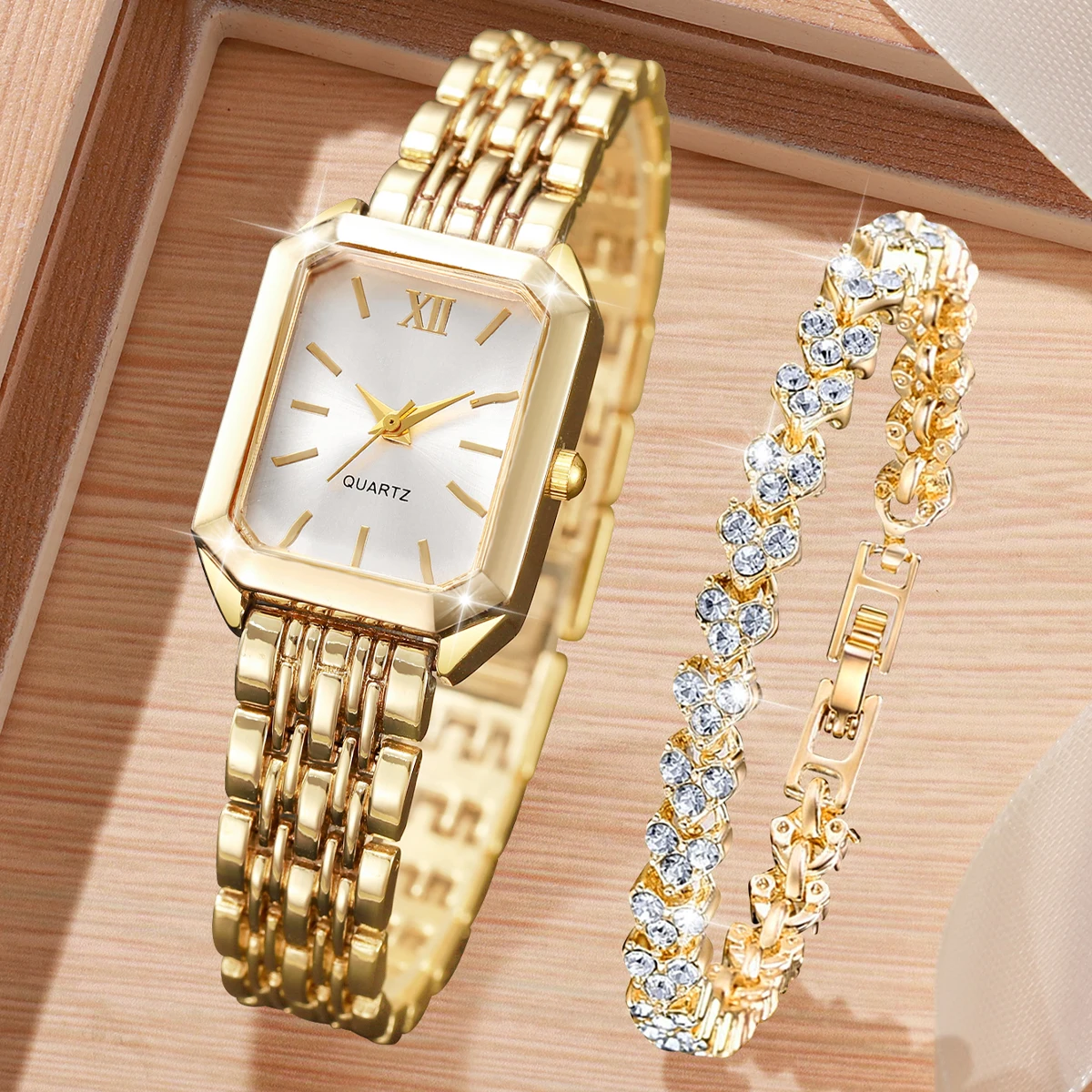2PCS/Set Fashion Square Women Quartz Watch Elegant Ladies Wristwatches Rhinestone Bracelet Set Reloj Mujer Clock (Without Box)