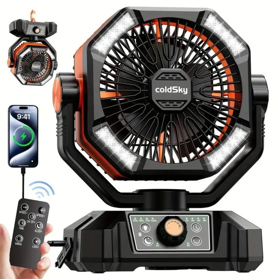 Tragbarer Campingventilator mit 20000 mAh Akku, 4 LED-Leuchten, 8 Geschwindigkeitseinstellungen, wiederaufladbarer Outdoor-Zeltventilator mit Haken, leiser USB-Ventilator