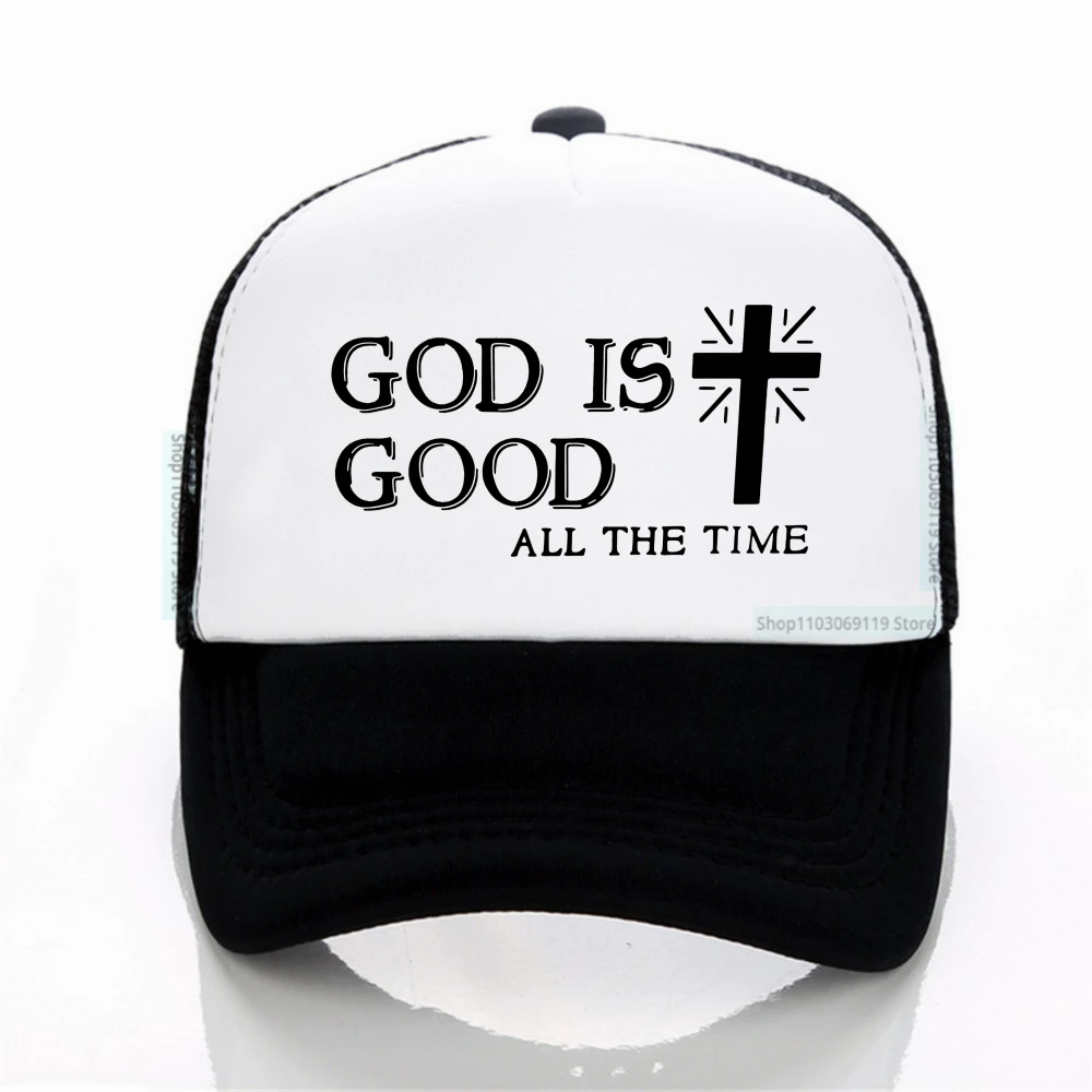 

Men Casual Summer Cross & God Is Good All The Time Letter Graphic Printed Baseball Cap cool Outdoor Sports Net breathable hats