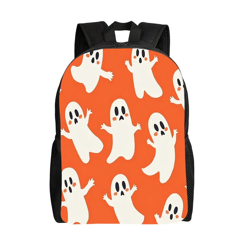 

Halloween backpack with cute print and smiling ghost - adjustable shoulder strap, zip closure, durable school bag for boys