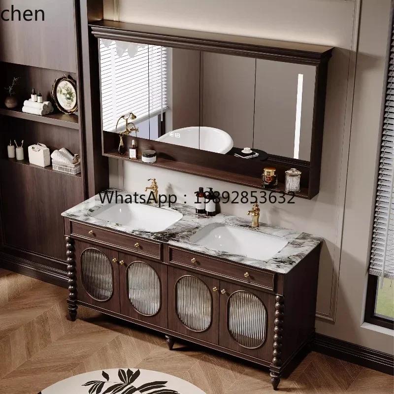 baroque luxury stone ceramic double basin double faucet new Chinese floor-to-ceiling model plus large basin bathroom cabinet