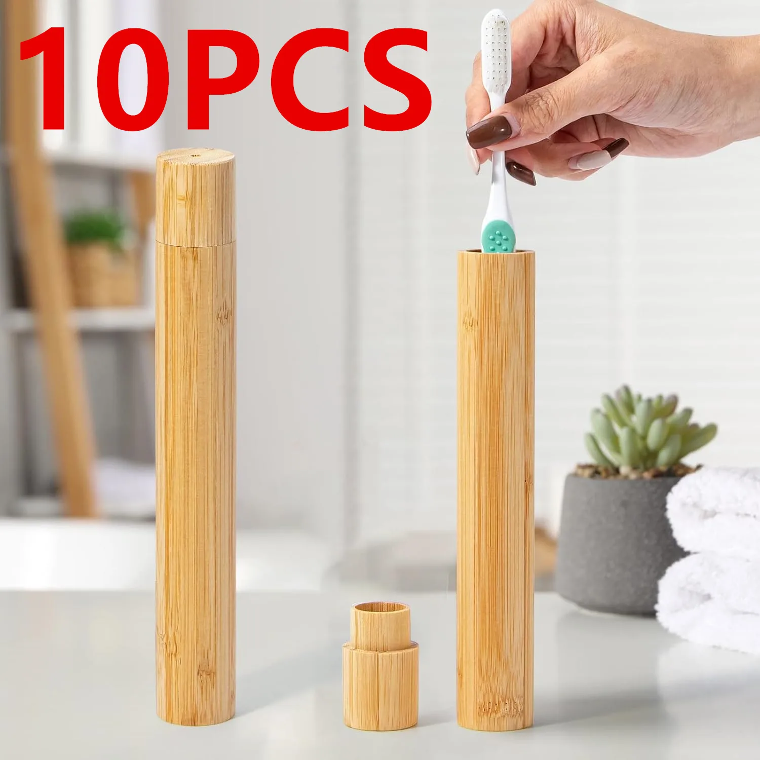 

10Pcs Portable Bamboo Toothbrush Case, Wooden Toothbrush Storage Container Reusable Toothbrush Travel Holder for Trip Camping