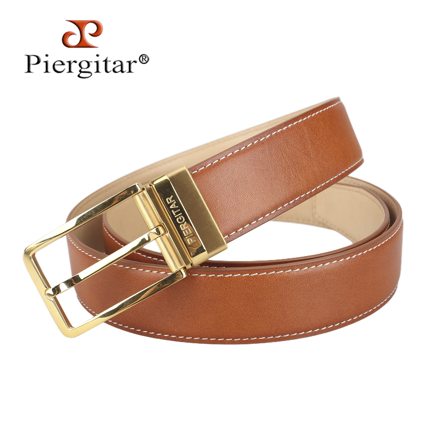 Piergitar Classic Style Brown Calfskin Men's Belt With Custom Gold Or Sliver Mirror Buckle For Formal Or Leisure Occasions Wear