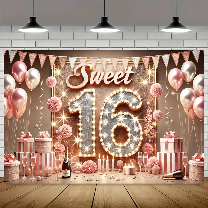 Sweet 16 Birthday Party Banner Decoration - Polyester background for 16th birthday celebration