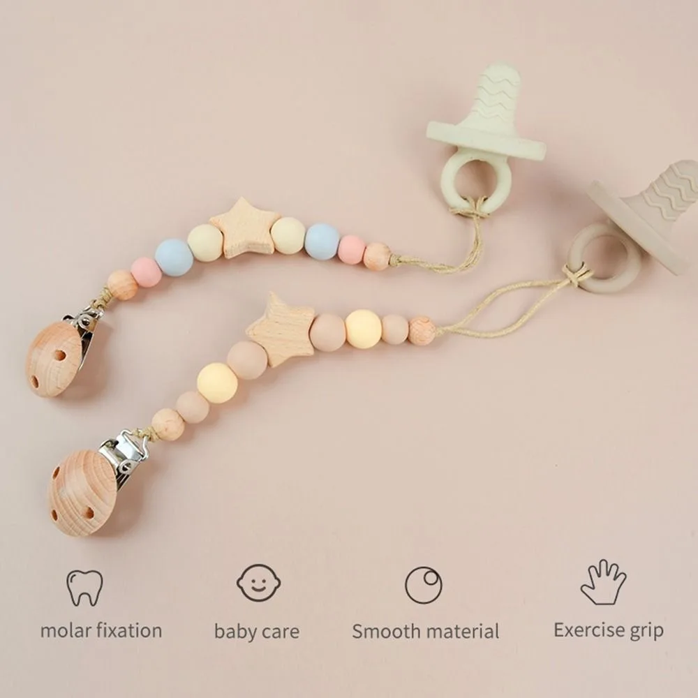 

Baby Wooden Pentagram Pacifier Clip Chain Candy Color Nipples Chew Children Pacifier Clips Pacifier Teether Teething Dummy Clips