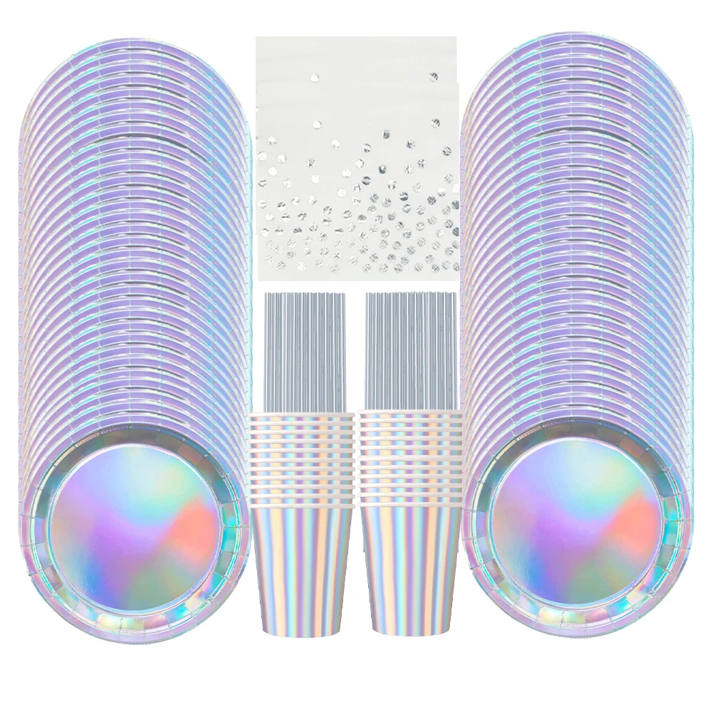 80-teiliges Holografisches Silbernes Party-Geschirrset Schillernde Pappteller Becher Servietten Strohhalme Geburtstags- und Hochzeitsdekorationen