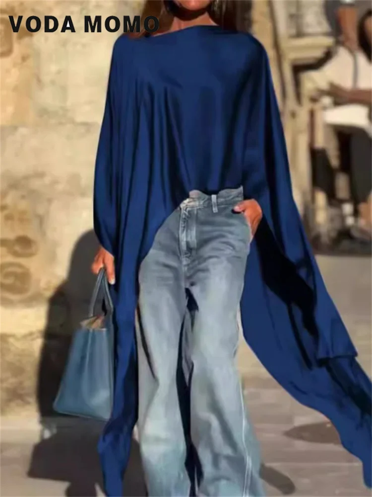 Women's Solid Color Irregular Hem Long Blouses & Shirts Loose Casual Batwing Sleeve O-neck Trendy Top Vacation Ladies Blouse