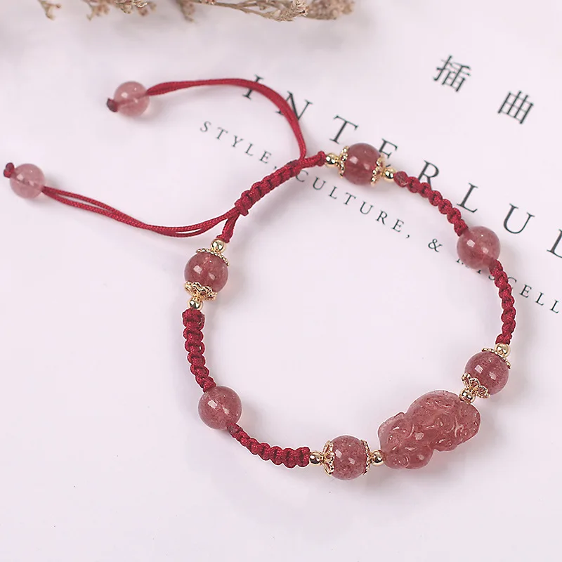Natural Pigeon Blood Red Strawberry Crystal Pixiu Red String Bracelet Hand Woven Bracelet for Women Gifts