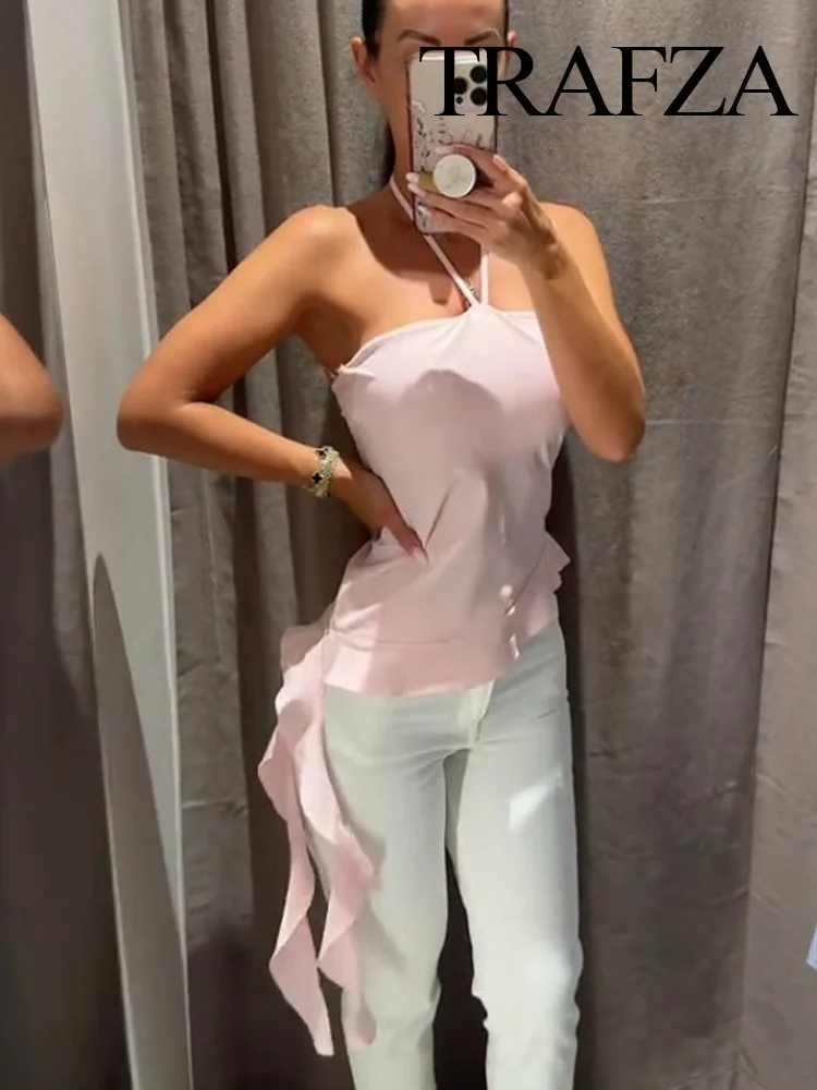 

TRAFZA Woman Summer Fashion Backless Laminated Decoration Neck Halter Texture Tops Women Sexy Sleeveless Asymmetry Solid Tops