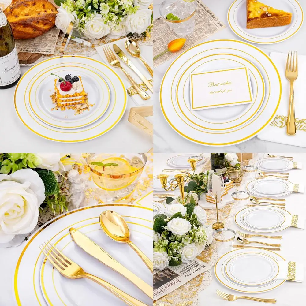 

50-Person Gold Plastic Dinnerware Set, 100 Plates, 50 Napkins, Cups & Cutlery for Elegant Parties & Weddings