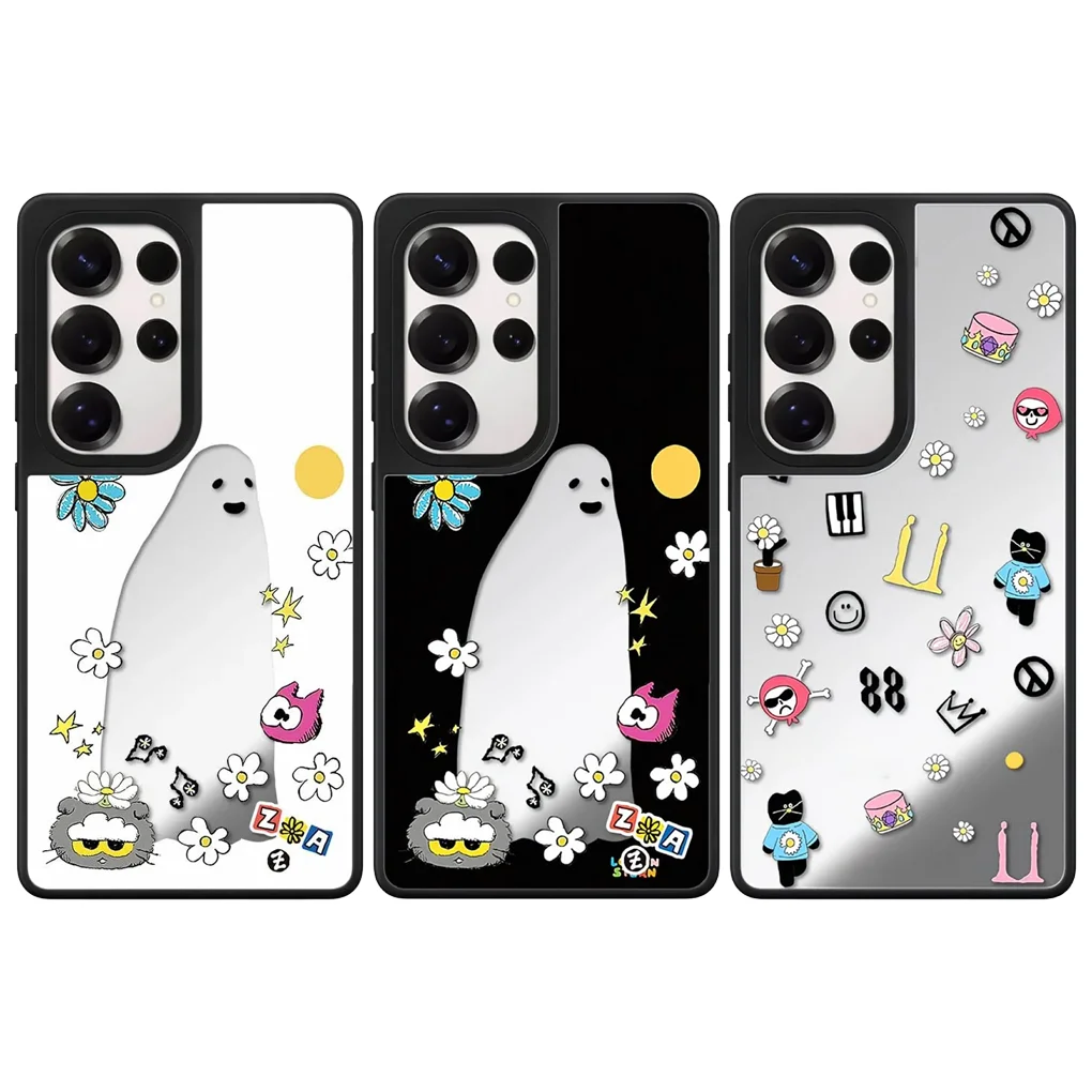 

Cartoon Ghost Cat Flower Pattern Mirror Surface Case for Samsung Galaxy S26 S25 S24 S23 Ultra S26U S26 Plus Protective Case