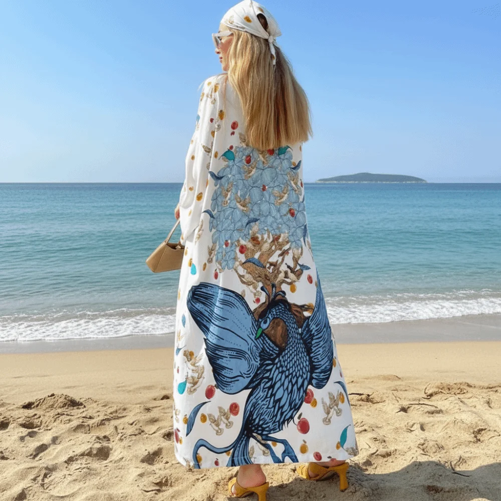 

Casual Boho Bikini Cover-ups Peacock Print Open Front Loose Maxi Dress Oversized Sunscreen Shawl For Women