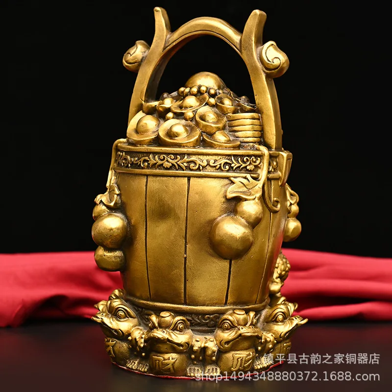 Brass Bucket of Gold Ornament Pure Copper Golden Toad Gourd Ingot Decoration for Home Living Room Office Shop Display