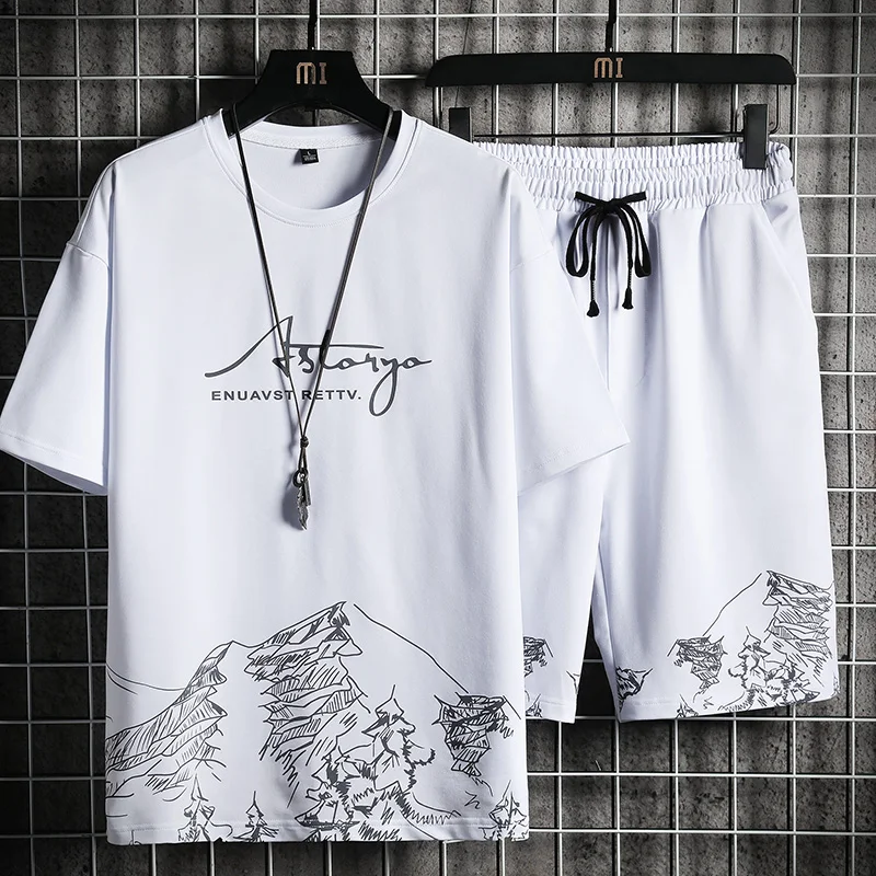 Men's T-shirt + Shorts Set Summer Breathable Casual T shirt Running Set Fashion Harajuku Printed Male Sport Suit 2023 New