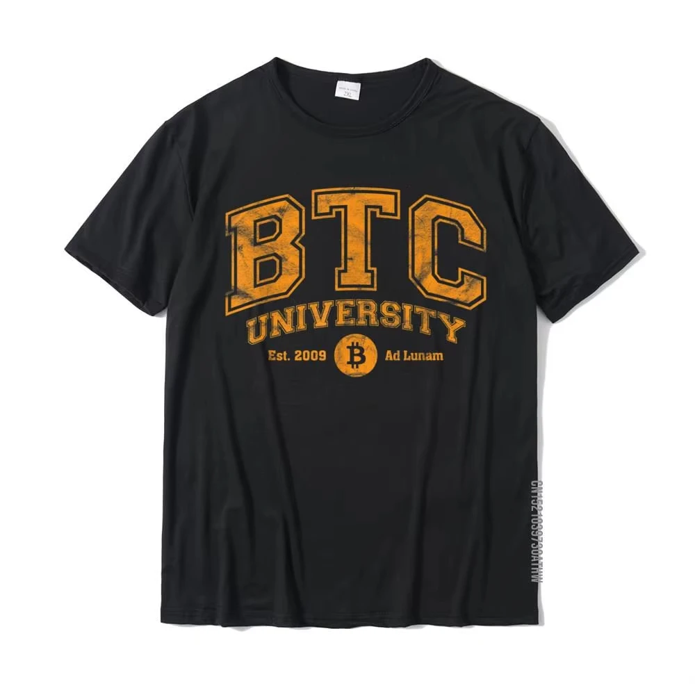 BTC University To The Moon Funny Distressed Bitcoin College T-Shirt Fitted Normal T Shirts Cotton Mens Tees Custom