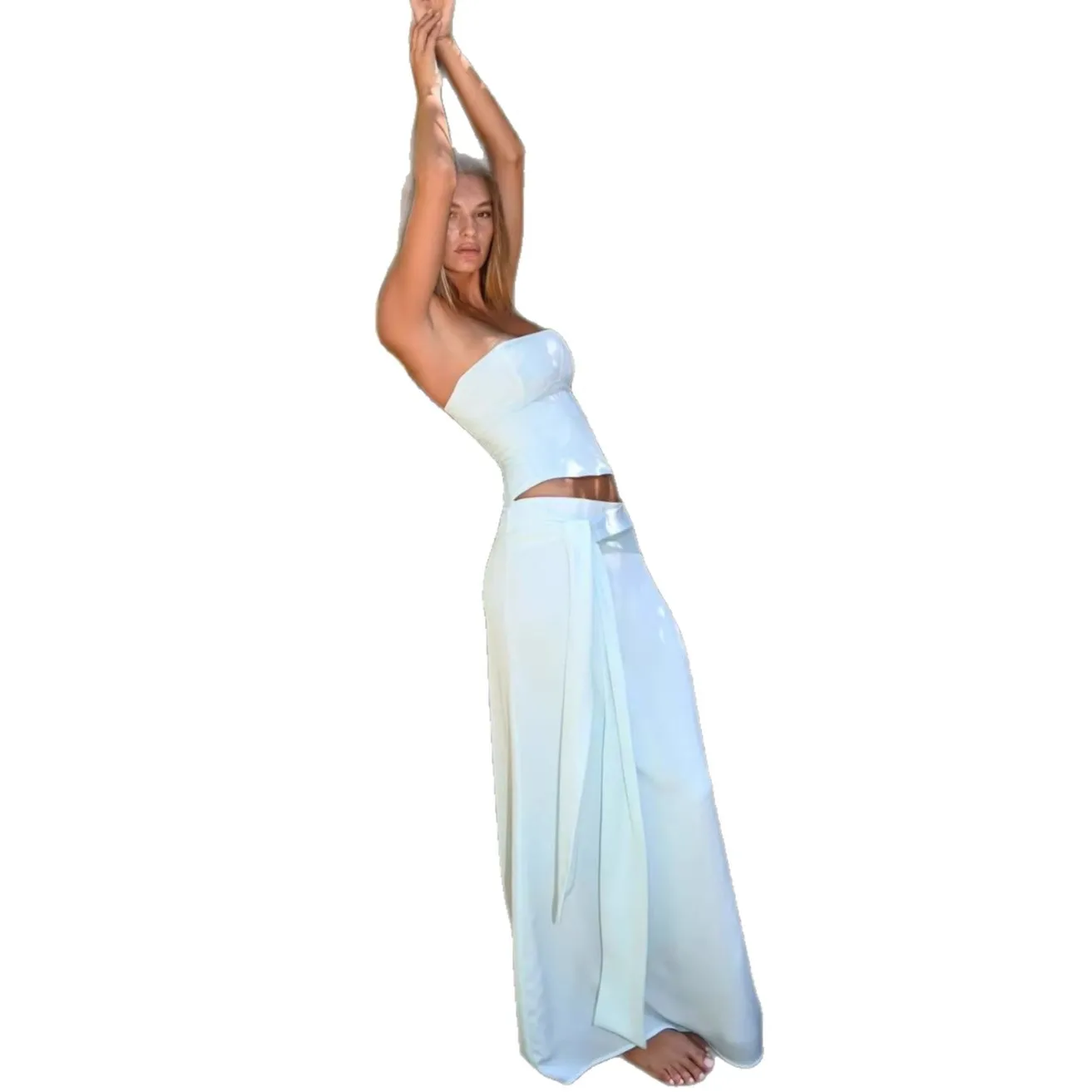 Women Dress Sets Sexy Strapless Tops Slim Fit Skirts High Waist Ankle Length Skirt Summer 2026 Two Pieces Spliced Solid image 5