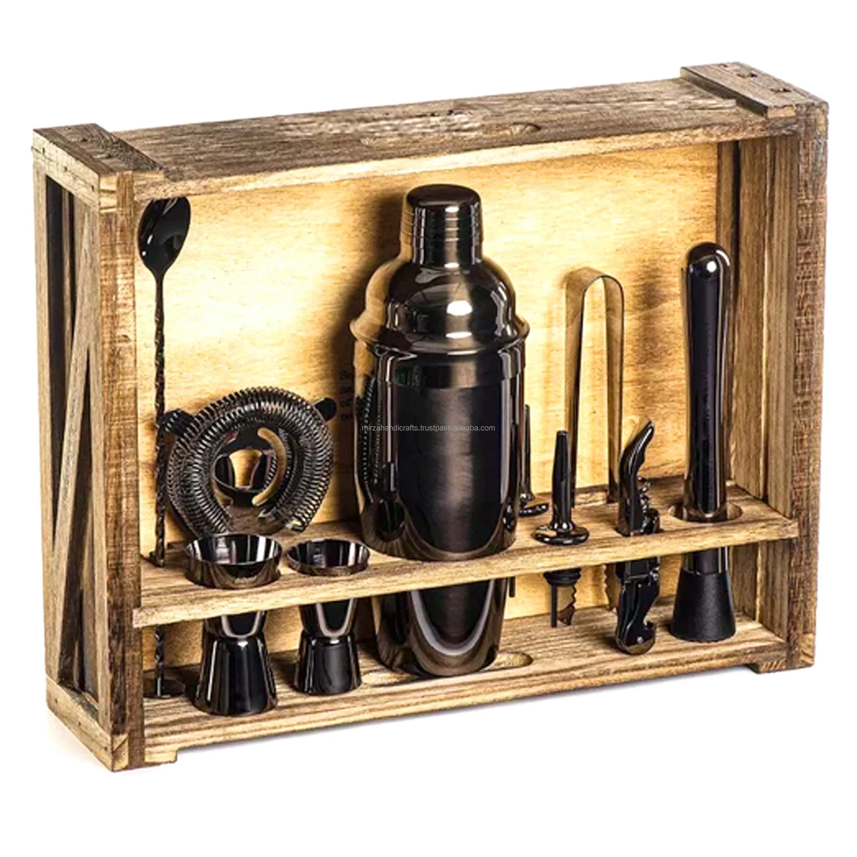 11 Piece Black Finished Bar Set Cocktail Shaker  with Rustic Wood Stand Perfect Home tending Kit   Metal  Tools