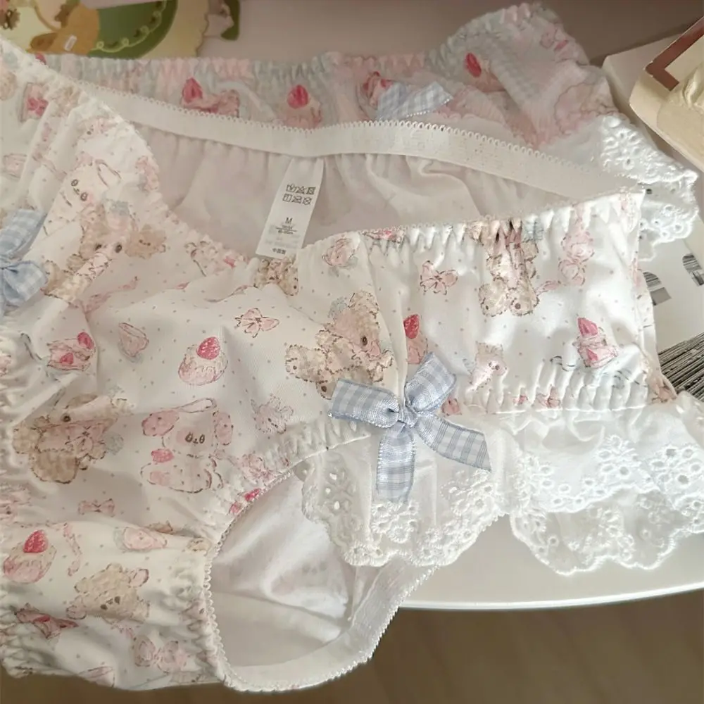 Fashion Dot Bowknot Bear Panties Cartoon Lolita Lace Bow Briefs Low Waist Lingeries Ruffle Panties Women Daily
