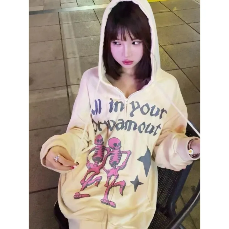 

American Vintage Y2k Print Hoodie Fall New Subculture Long-sleeved Outerwears Oversized Loose Casual Youthful Women's Tops