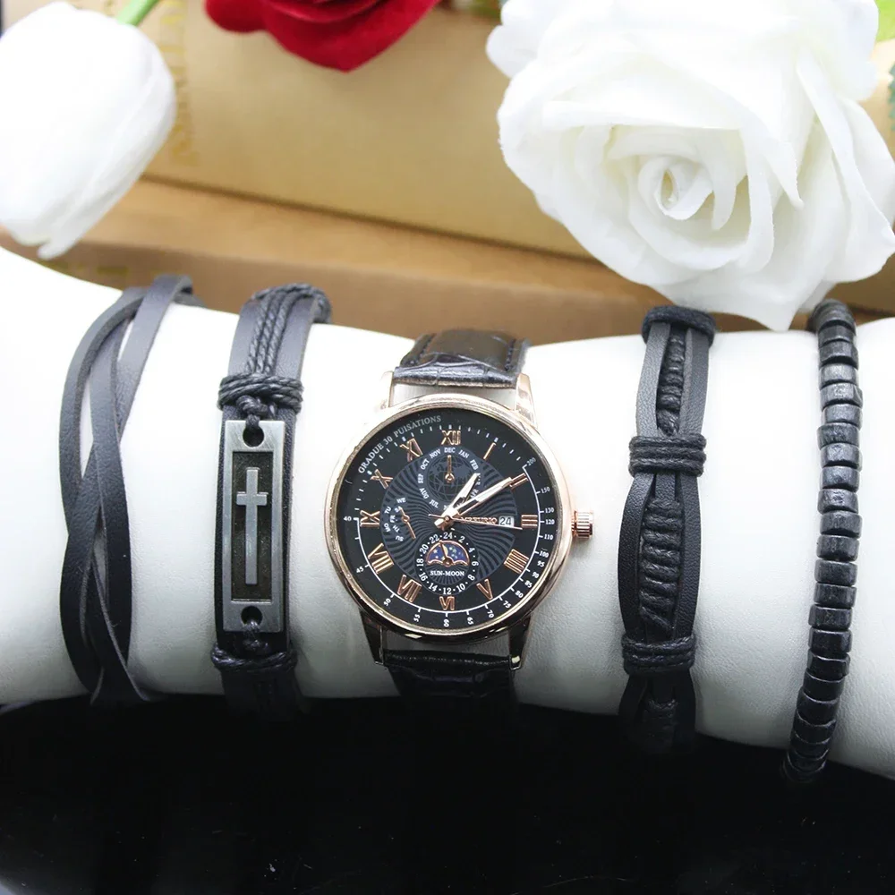 ชุดนาฬิกาหรูหราสำหรับผู้ชาย5ชิ้นประกอบด้วยกล่องสร้อยข้อมือหนังหน้าปัดใหญ่ป้องกันการกระแทกนาฬิกาควอทซ์สุดหรูของผู้ชายสำหรับงานเลี้ยงแฟนซี