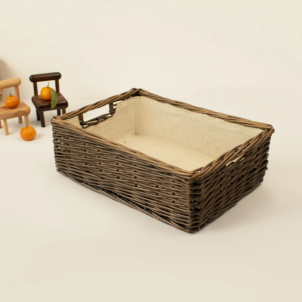 Cesta de almacenamiento rectangular gris, cesto de regalo pequeño de sauce de madera con forro extraíble para regalos de bebé