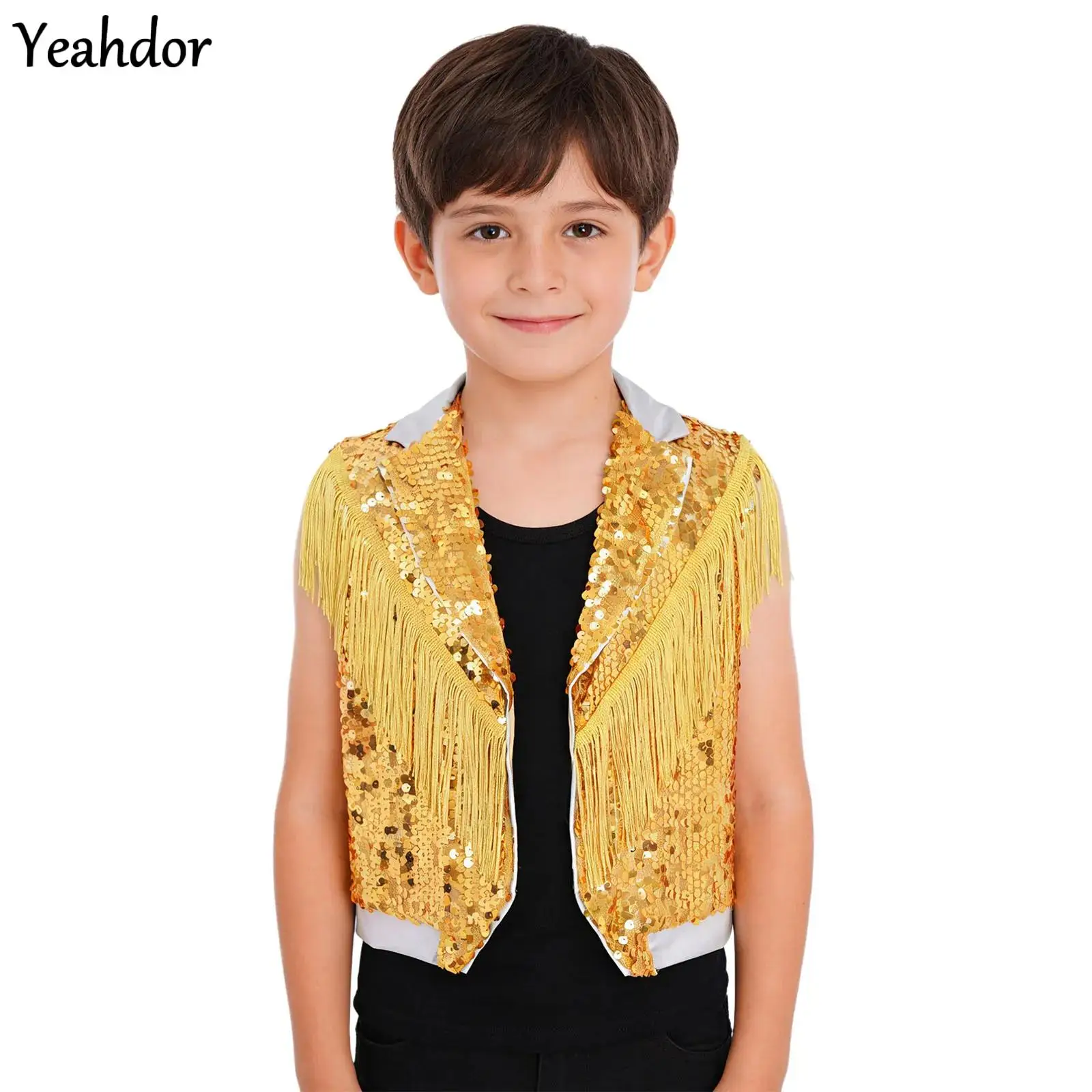 

Kids Boys Jazz Hip Hop Dance Vest Shiny Sequin Tassel Waistcoat Lapel Collar Sleeveless Fringe Jacket Disco Party Fancy Dress Up