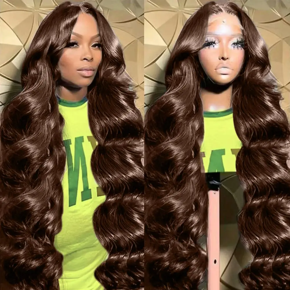 

200 Density Chocolate Brown Body Wave Human Hair Wig 13x4 HD Lace Front 40 Inch Wig Pre Plucked 13x6 Transparent Lace Front Wig
