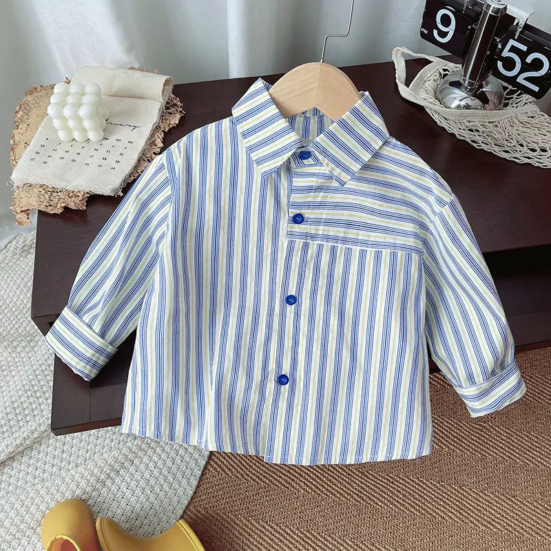 

Детская полосатая рубашка с длинными рукавами для мальчиков, весенняя свободная повседневная рубашка с отложным воротником, осенние корейские модные топы