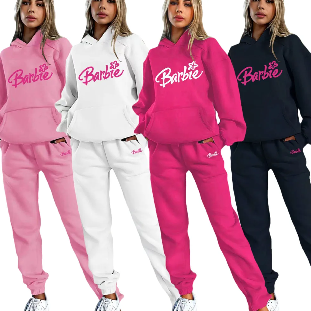 Barbie Fashionable Sports Long-sleeved Trousers Suit Hooded Letter Print Sweatshirt Anime Kawaii Women\'s Two-piece Set Girl Gift