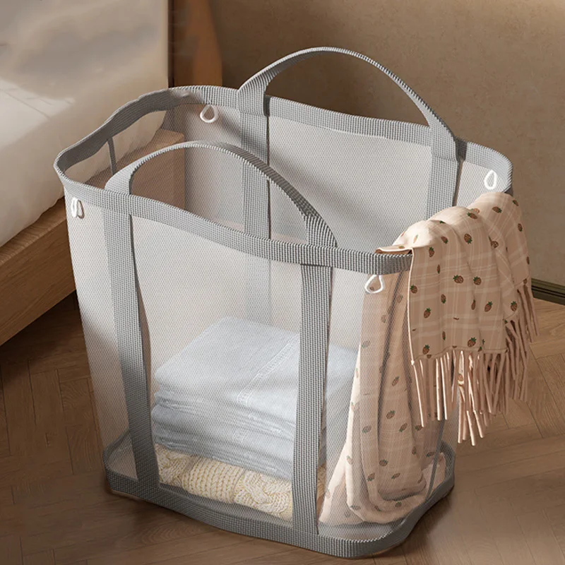 Nylon Mesh Laundry Basket with Handle Breathable Folding Portable Dirty Clothes Organizer Bags Space-saving Travel Tote Bags
