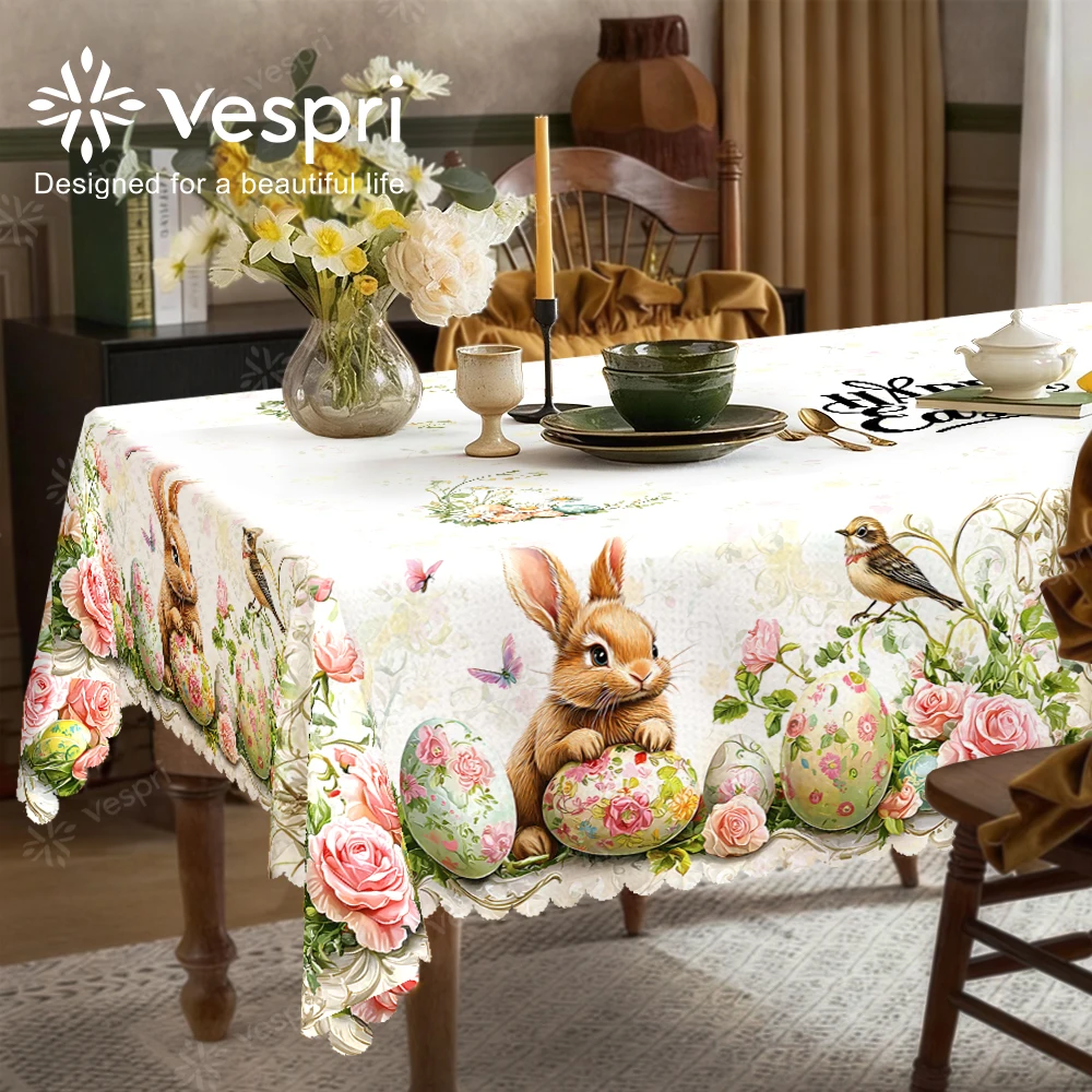 Vespri Easter Tablecloth White Light Green Rabbit Bird Flower Pattern Polyester Table Linen Cover for Party Festival Decor