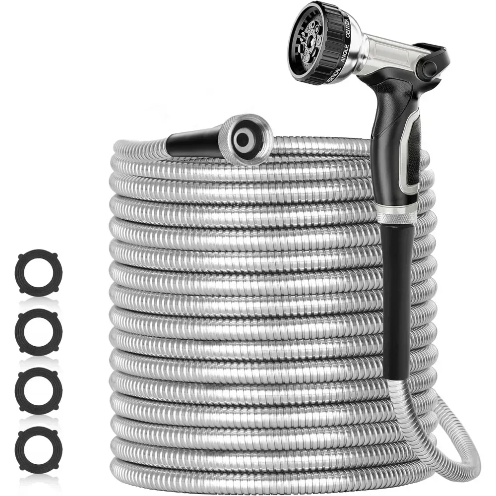 

q Garden Hose, 50ft 304 Stainless Steel Garden Hoses Metal, Heavy Duty Water Hoses with Nozzles