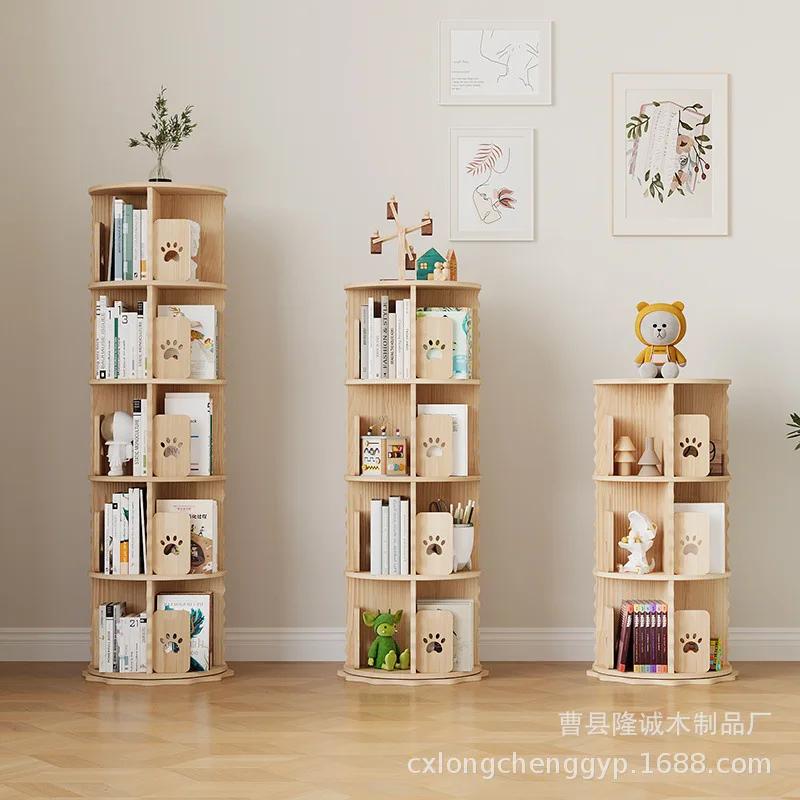 AOLIVIYA Solid Wood Rotating Bookcase Cabinet Library Shelves Desk Bookshelf Floor Storage Rack Kids Display Organizer Stand