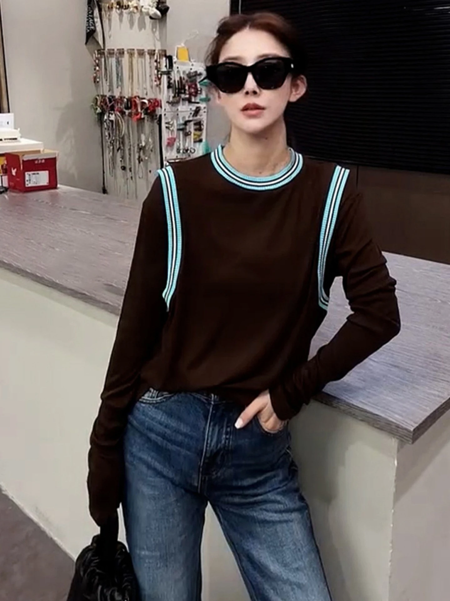 

Простая круглая трикотажная футболка Ne Long Sve, женский базовый слой, топ для похудения, модный осенний цвет, Blo Faionable