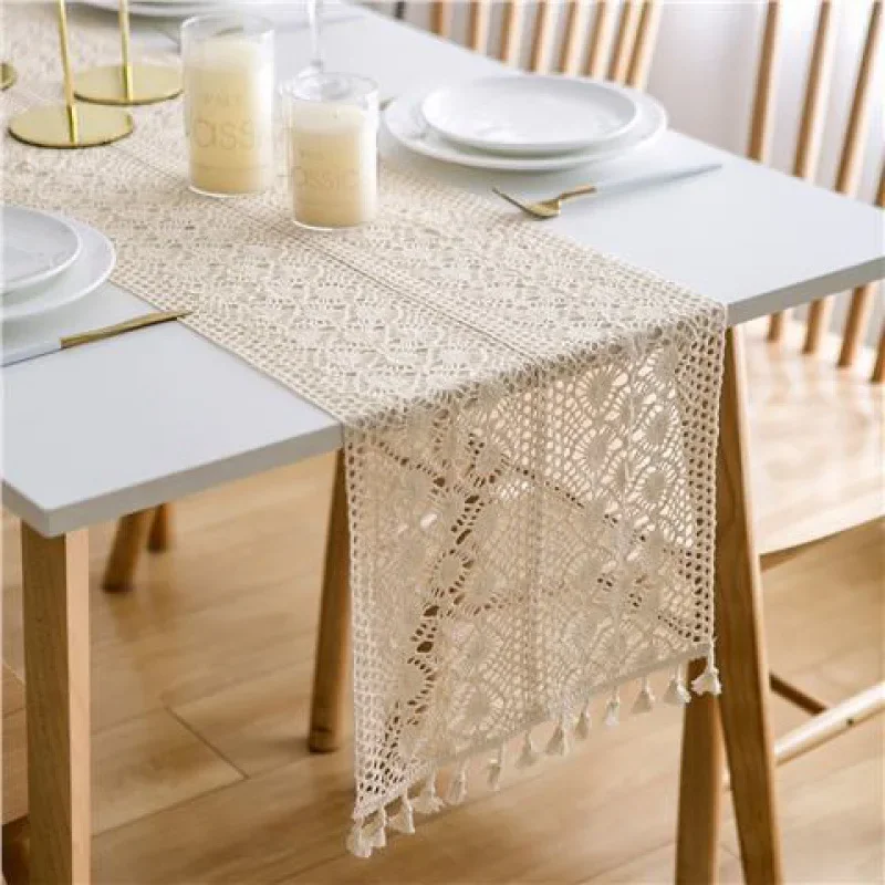 Boho Beige Table Runners Vintage Farmhouse Bohemian Crochet Macrame With Tassels Covers for Wedding Party Baby Shower Decoration