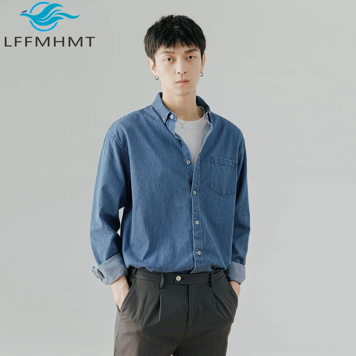 Men's Cargo Denim Shirt Long Sleeve Solid Color Casual Work Shirt Korean Style Spring Autumn Fashion Jackets