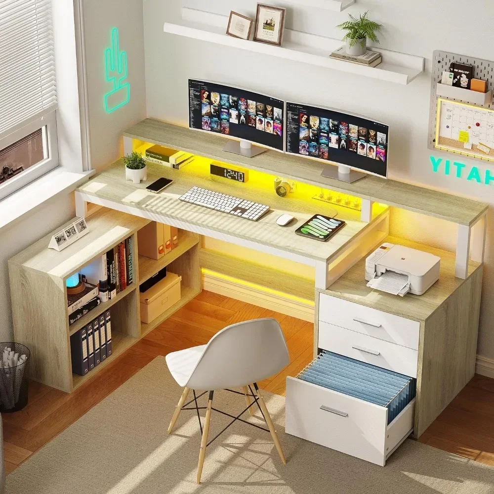 L Shaped Desk with Power Outlets & LED Lights & File Cabinet, 65