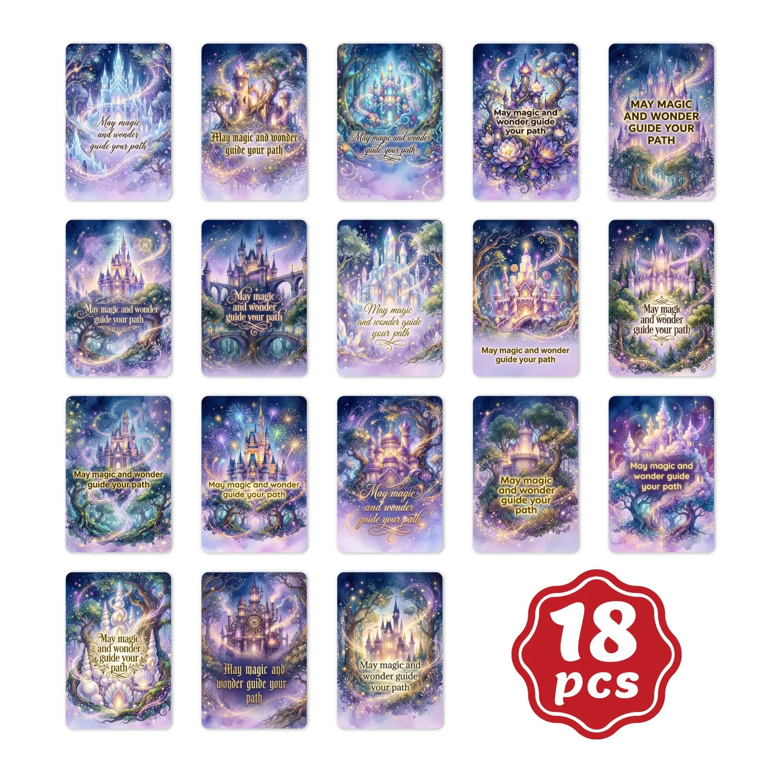 

Набор из 18 декоративных открыток с вдохновляющими цитатами на английском языке в тематике «Магический замок мечты» для подарков и декора