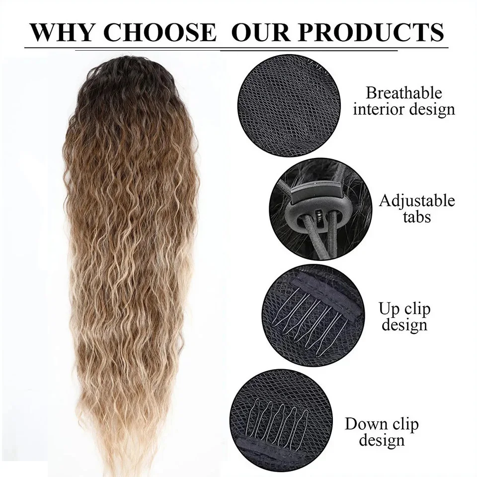 26 pulgadas de largo cordón cola de caballo onda de agua extensiones de cabello de cola de caballo Color degradado cola de caballo rizada pelo sintético resistente al calor
