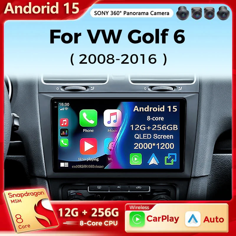Autoradio Android 15 pour Volkswagen VW Golf 6 MK6 GTI R 2008 - 2012 sans fil Carplay Android Auto autoradio lecteur multimédia