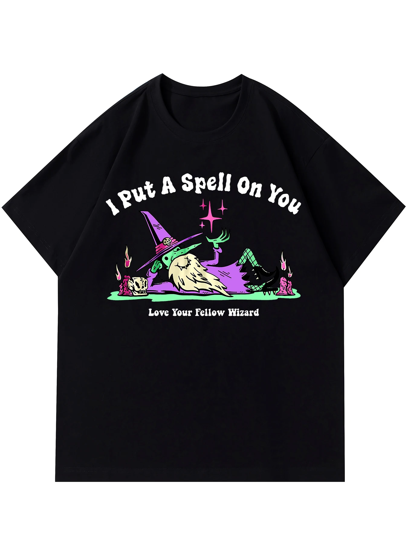 TALENT LOADING Men's Devil Retro Cotton T Shirt  Black Streetwear Graphic Tee with Witch Hat Bats I Put a Spell on You