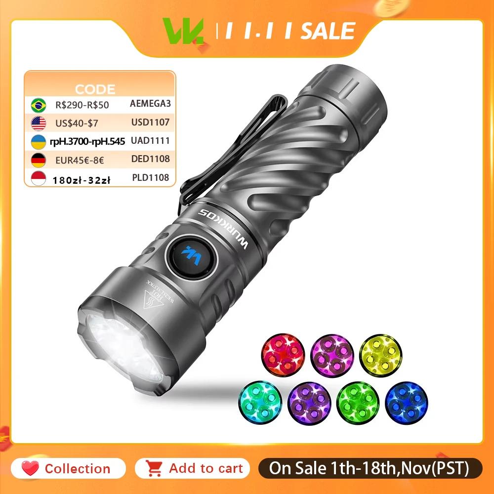 Wurkkos TS26 RGB Flashlight 3400 Lm USB-C Rechargeable Portable EDC Professional Outdoor Light with Magnetic Tail Cap 21700