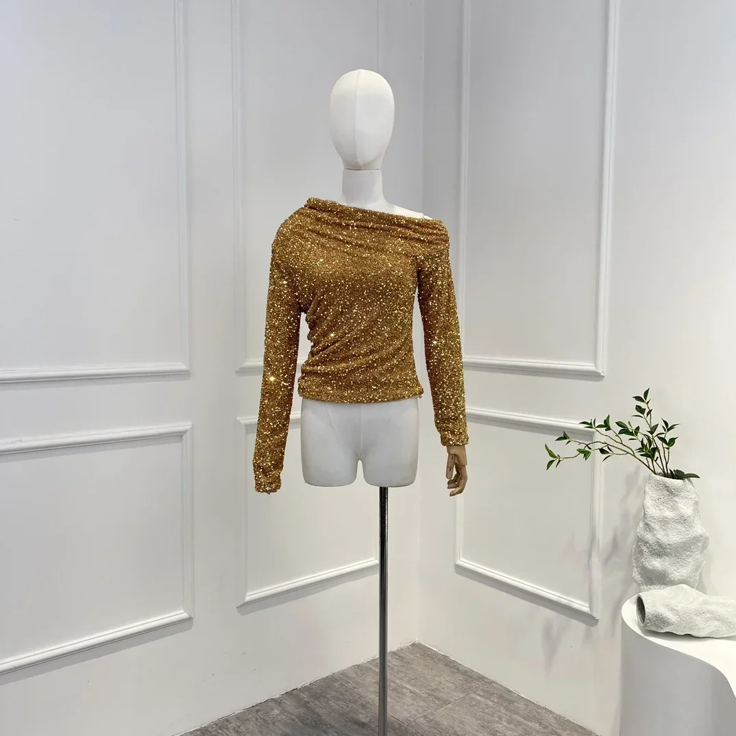 

Sequins 2023 Brown Color Autumn Winter New High Quality Lady Long Sleeve Luxury Skew Collar Woman Fashion Top