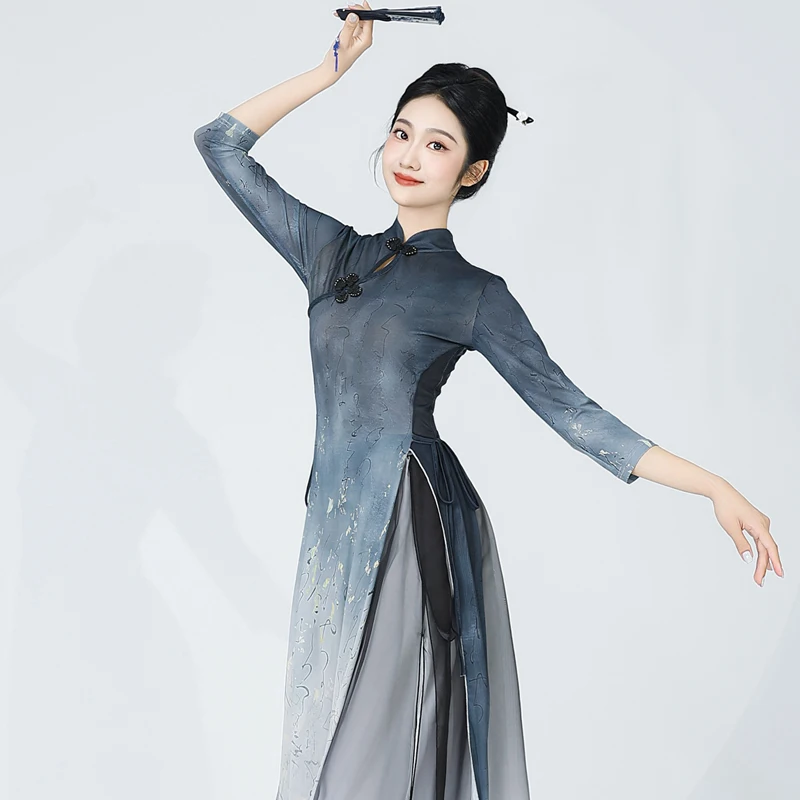 

Ancient Classical Dance Gradient Rhyme Tops Ethnic New Chinese Style Cheongsam Gauze Practice Calligraphy Performance Costume