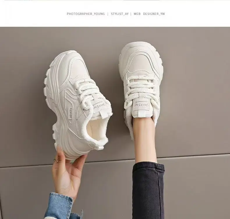 Fleece-Gefütterte Damen-Winterstiefel mit Dicker Sohle Erhöhte Casual Dad Schuhe Trendige Weiße Sport-Freizeitschuhe aus Baumwolle – Detail 19