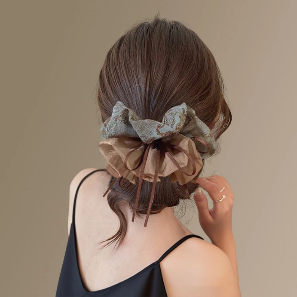 1pc Double-Layer Fabric Scrunchie Light Blue Patterned Beige Textiles Brown Ribbon Vintage Elegant Tones Detail Styles Accessory view 5