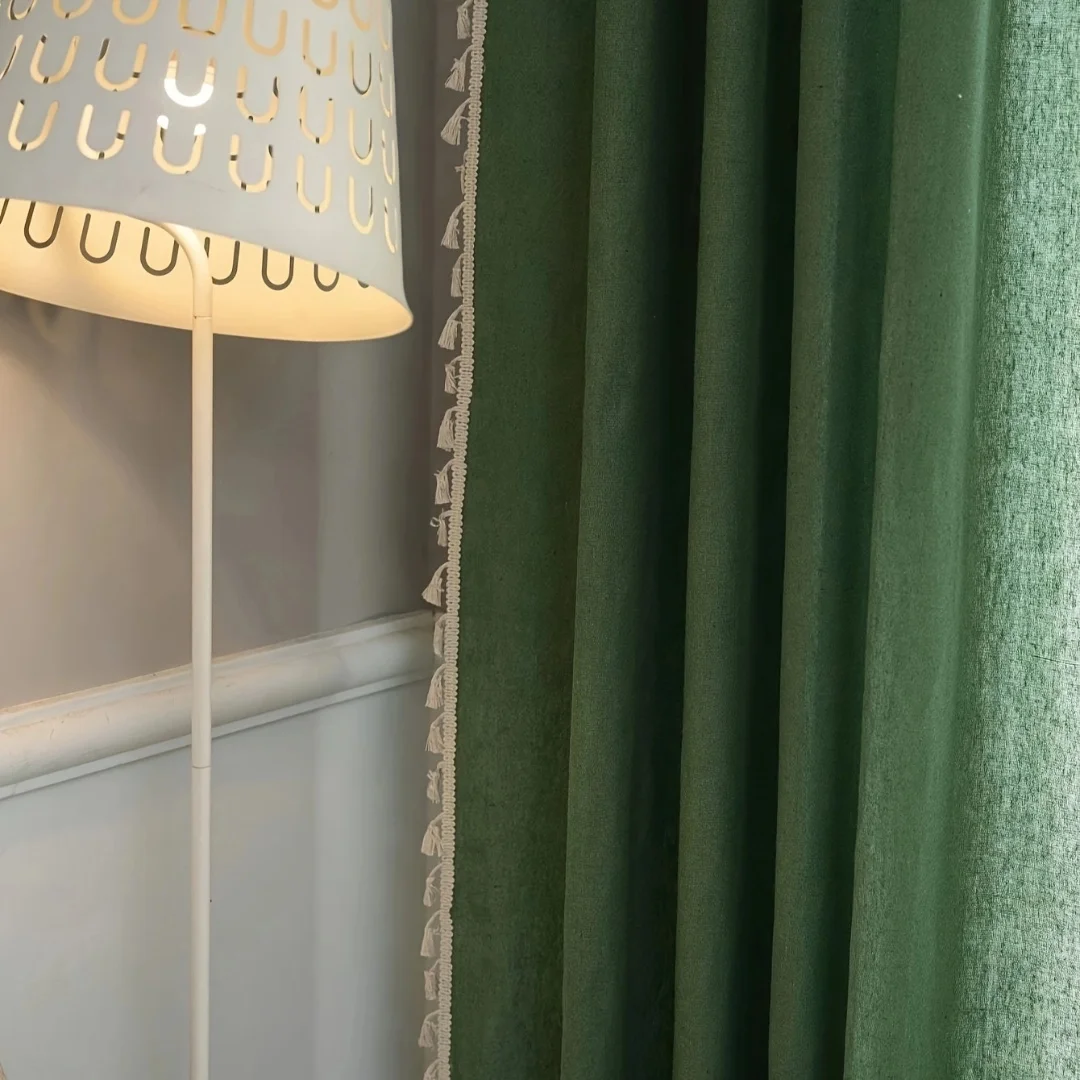 1 panel with 100% full shading green curtains, bohemian style tassel rod pocket curtains suitable for living rooms and bedrooms