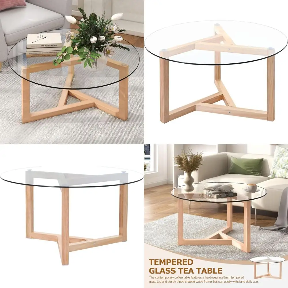 

Modern Round Espresso Tempered Glass Coffee Table with Sturdy Wood Base for Easy Assembly and Contemporary Living