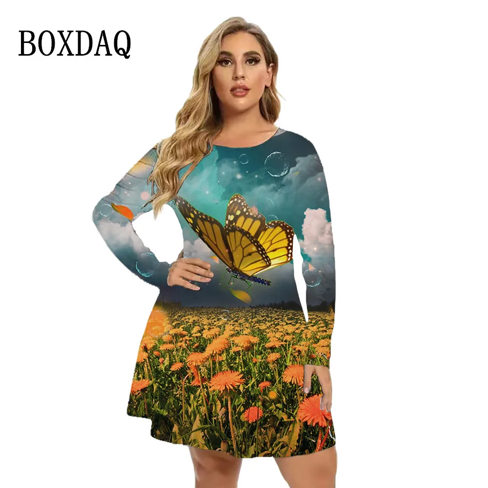 2022 Autumn Dresses Women Plants Flower Bufferfly 3D Print Dress Fashion Long Sleeve Loose Clothing Plus Size Casual Mini Dress