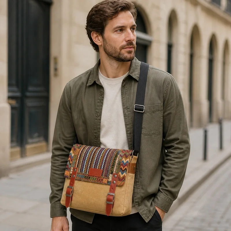 Men Genuine Leather Small Square Crossbody Bag Retro Ethnic Style Casual Single Shoulder Sling Bag For Daily Use
